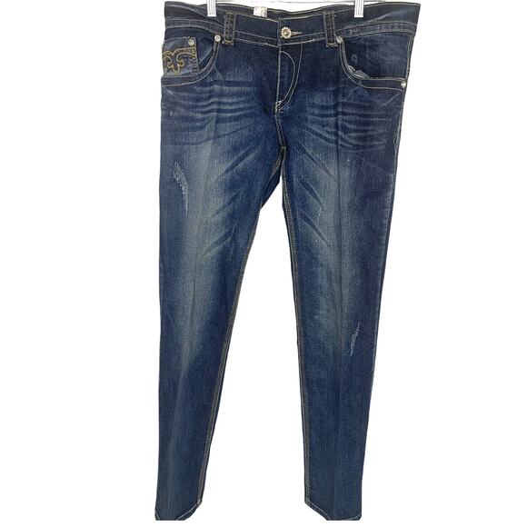 True Rock White Stitch Jeans 21/22 Blue Bling Flap Pockets Distressed Straight - Picture 1 of 13